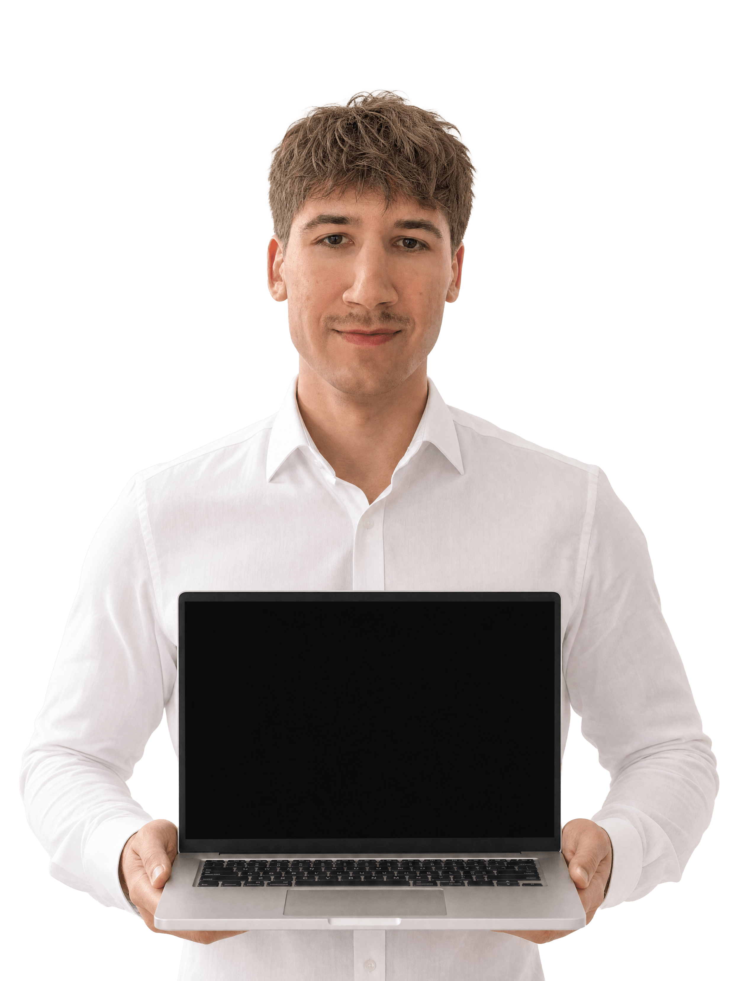 Kamil Barwiński trzymający laptopa
